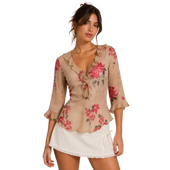 Vision Apparel Tops - Y2K Euro Floral Beaded 100% Silk Ruffle Sheer Top Vision Apparel Tan Red Medium